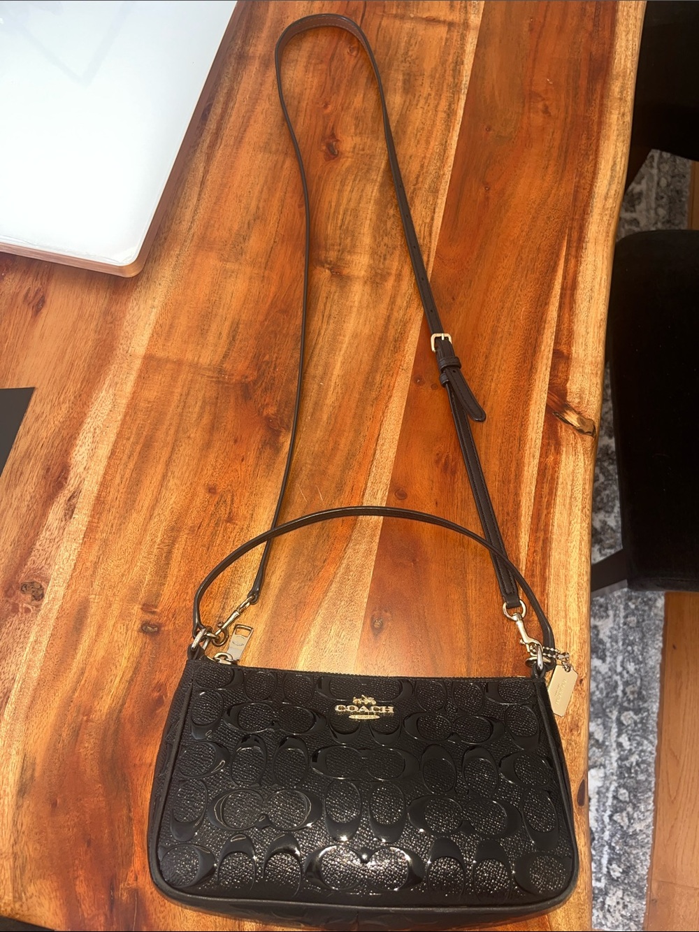 Coach Black Signature Embossed Leather Crossbody Shoulder Bag
